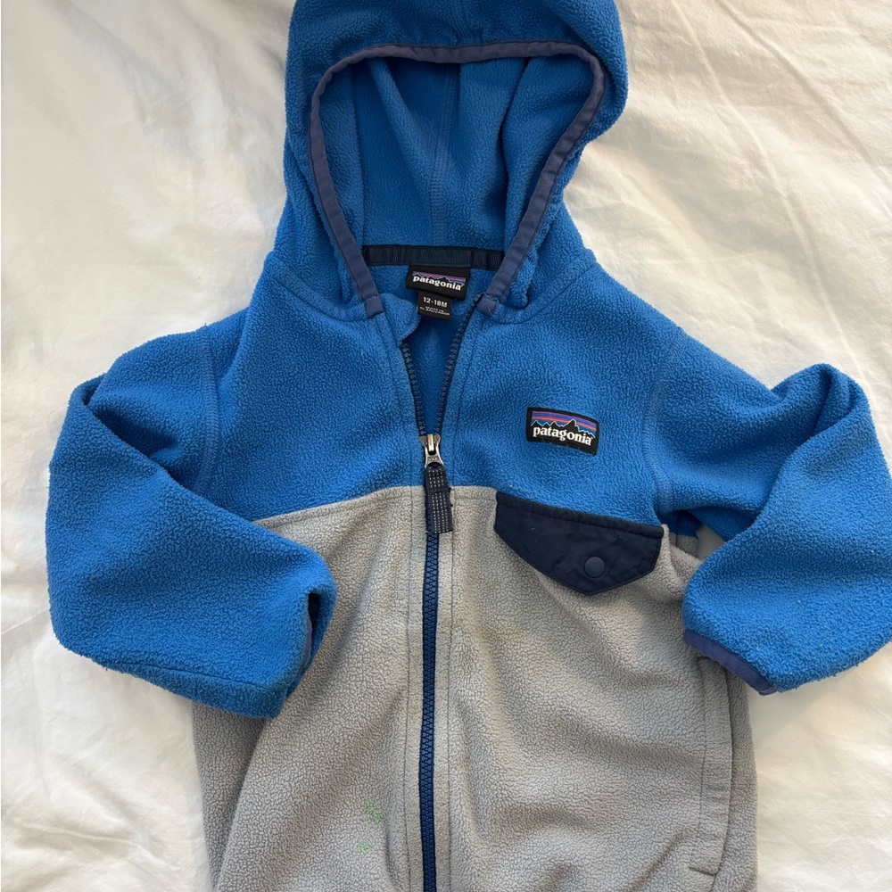 Patagonia Blue and Gray Fleece Hoodie - 12-18M